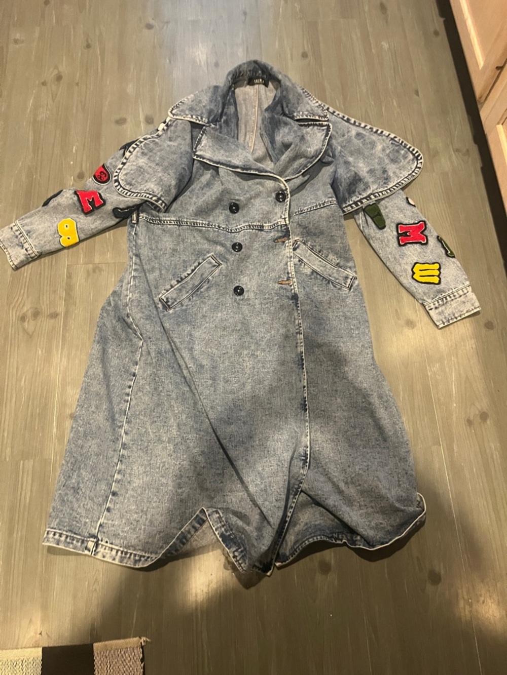 AKIRA Acid Wash Blue Denim Trench with Patch Sleeves